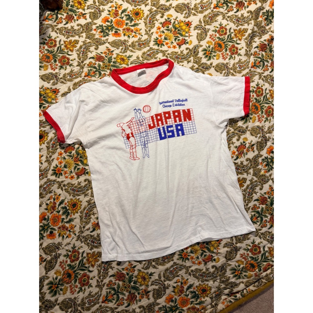 Vintage 80s Downerwear Japan USA Volleyball Chicago Ringer Tee Shirt XL USA Made